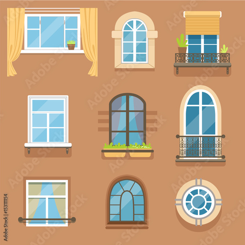Windows set in different styles and forms. Window frames exterior view