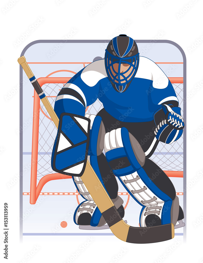 hockey goalie in blue uniform guarding net with goalie stick