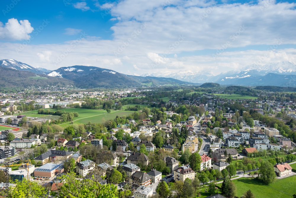 Aerial View Salzburg city background mountain Alps