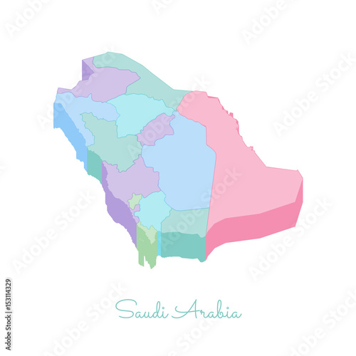 Saudi Arabia region map: colorful isometric top view. Detailed map of Saudi Arabia regions. Vector illustration.