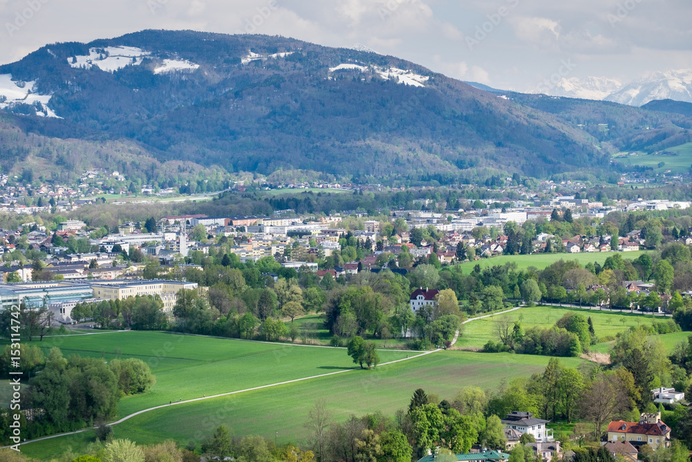 Aerial View Salzburg city background mountain