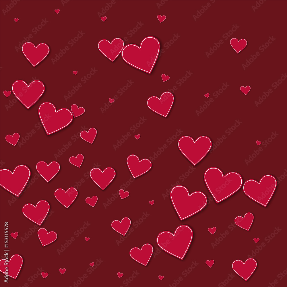 Cutout red paper hearts. Abstract mess on wine red background. Vector illustration.