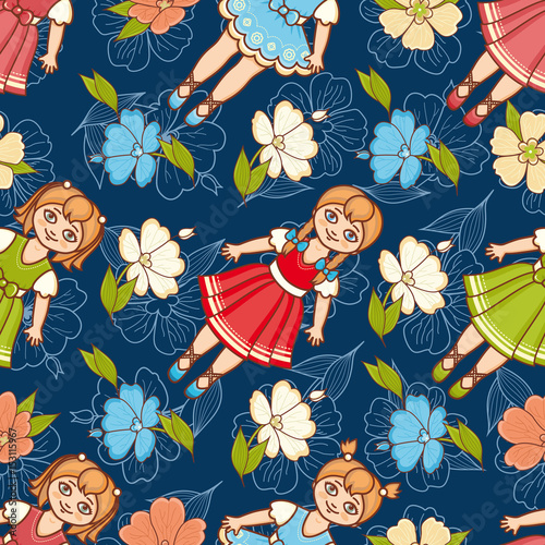 Little Ballerina and Flower. Cartoon style. Seamless pattern. Baby Doll. 