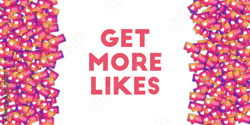 Get more likes. Social media icons in abstract shape background with gradient counter. Get more likes concept in unusual vector illustration.