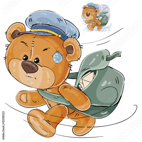 Vector illustration of a brown teddy bear postman hurrying, carrying a bag with letters. Print, template, design element