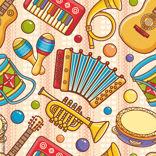 Musical instrument.  Seamless pattern. Vector ornament. Cartoon style.