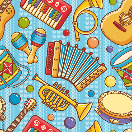 Musical instrument.  Seamless pattern. Vector ornament. Cartoon style.