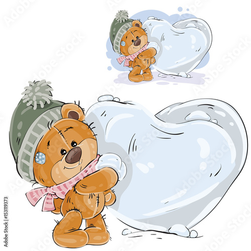 Vector illustration of a brown teddy bear makes a snowball in the shape of a heart. Print, template, design element