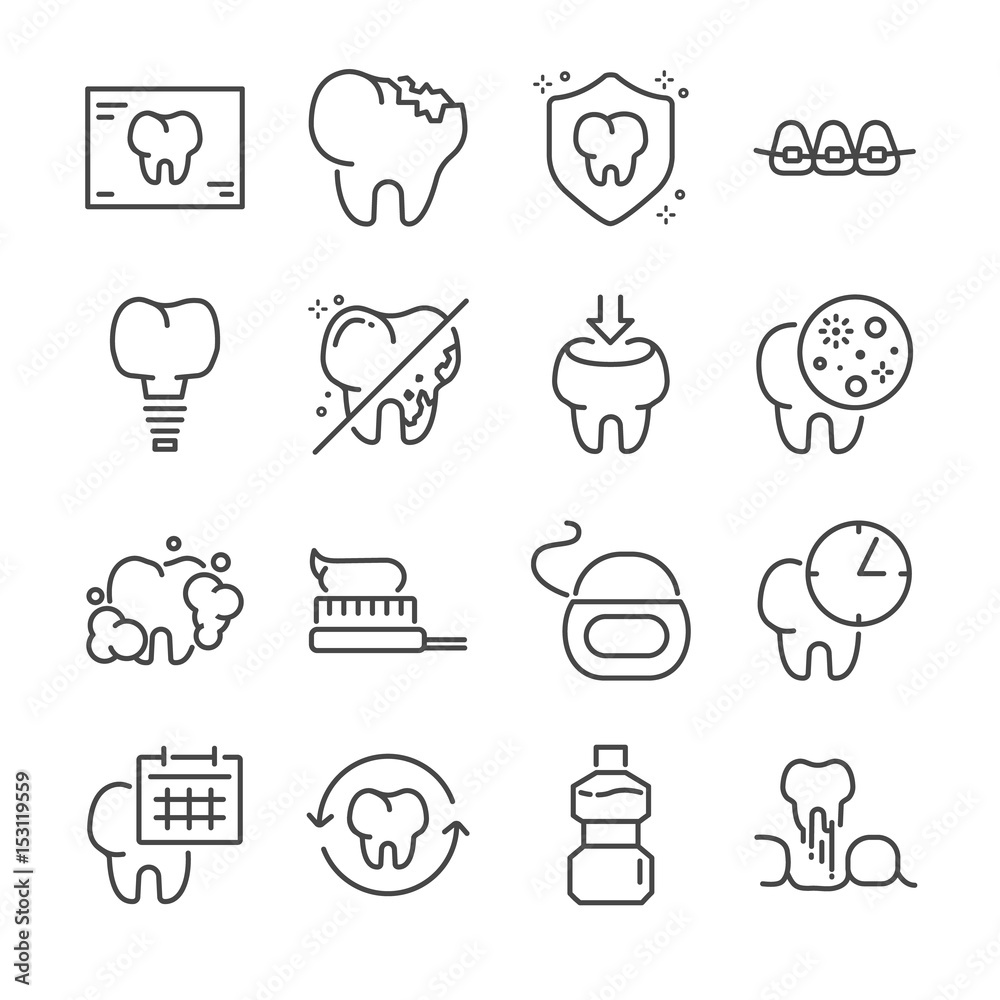 Dental vector line icon set. Included the icons as tooth, Dental floss, mouthwash and more.