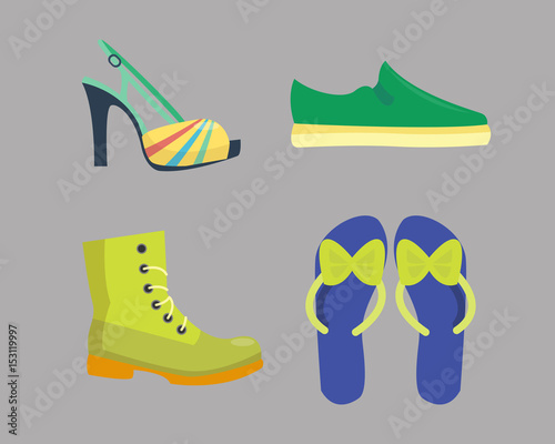 Set of womens shoes flat design vector collection of leather colored moccasins boots illustration.