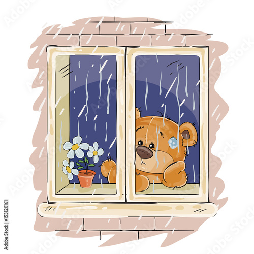 Vector illustration of a brown teddy bear looks out the window on the rain and sad. Print, template, design element