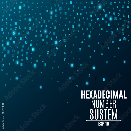 Hexadecimal number system. Abstract, modern background. Glowing numbers and letters are blue. Sparse symbols. Hi-tech and programming. Vector illustration