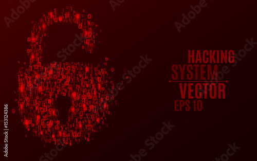 Hacking system. An abstract lock from a binary code. The glowing numbers 0 and 1 are red. Programming in design. Scattered figures. Hackers broke the protection. Vector illustration