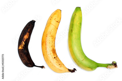 A picture of three ordinary bananas, without modifications..as you know from the shop. The picture shows the maturing of the bananas. One is green, one is yellow and one is overripened. 