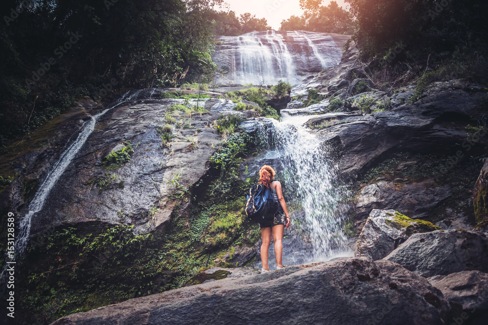 Women travel. woman asia travelers travel nature Forests, mountains, waterfalls Women travel. woman asia travelers travel nature Forests, mountains, waterfalls