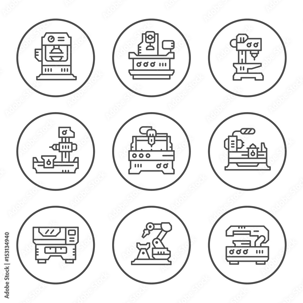 Fototapeta premium Set round line icons of machine tool