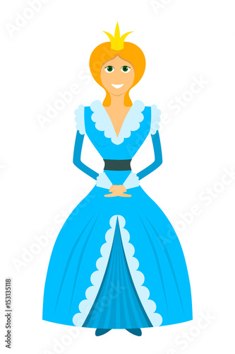 Color image of a funny cardboard flat style of a young princess on a white background. Vector illustration