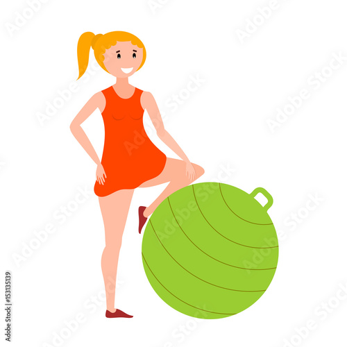 Flat style girl athlete with green fitness ball. Color image of training young girl with fitball on white background. Vector illustration
