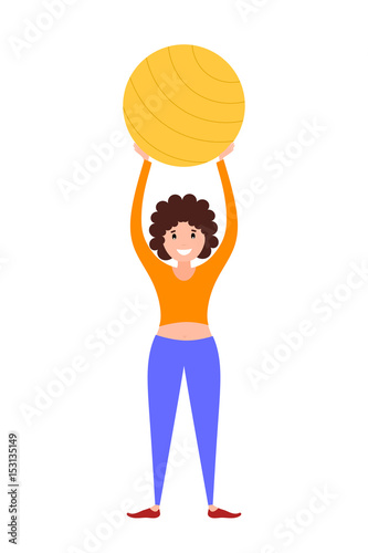 Flat style Standing girl athlete with fitness ball. Color image of training young girl with fitball on white background. Vector illustration