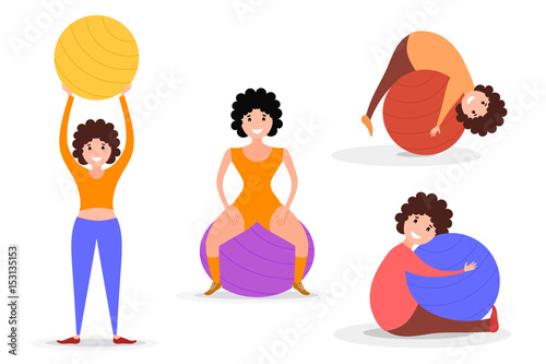 Set of flat image style girl sport with fitness ball. Color girl figurines with a fitball on a white background. Vector illustration