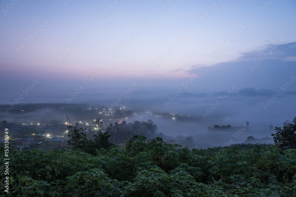 Landscape of Pai town with fog in the morning
