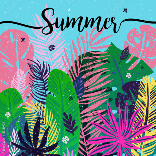 Multicolor trendy tropical summer background, exotic leaves. Vector botanical...