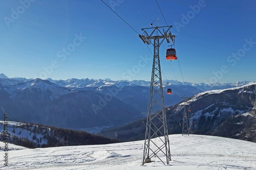 Cable car in a ski resort high in the mountains ,cabins for transportation of people on ski slopes