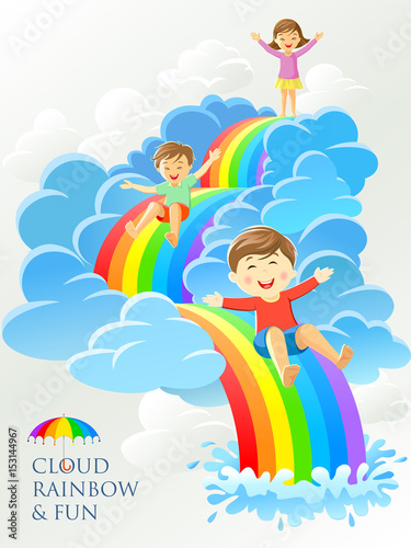 Children playing on a rainbow slid and having fun on the clouds. 