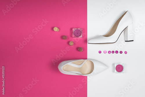 Stylish Trendy white heels . Summer fashion Outfit, Luxury Party shoes. Hipster Essentials. Minimal fashion concept photo
