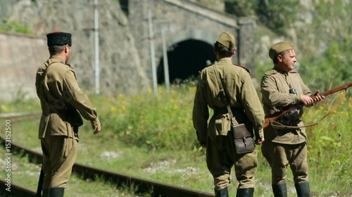 The Soviet army soldiers patrol the facilities. The army of the Soviet Union. Russian Soviet Red Army Infantry Soldiers