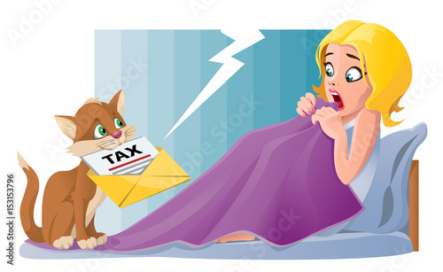 Funny cat brings tax letter to bed. Girl shocked. Cartoon styled vector illustration. Elements is grouped and divided into layers. No transparent objects.