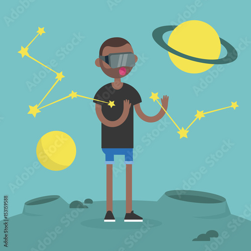 Young black man wearing virtual reality glasses surrounded by planets and stars / flat editable vector illustration, clip art