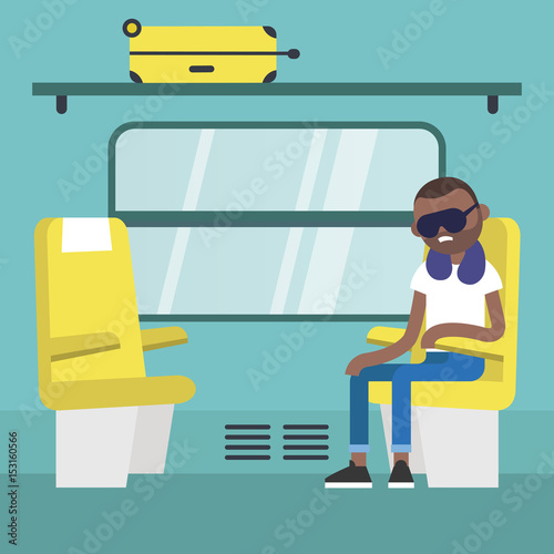 Young black passenger sitting in the train compartment / editable flat vector illustration