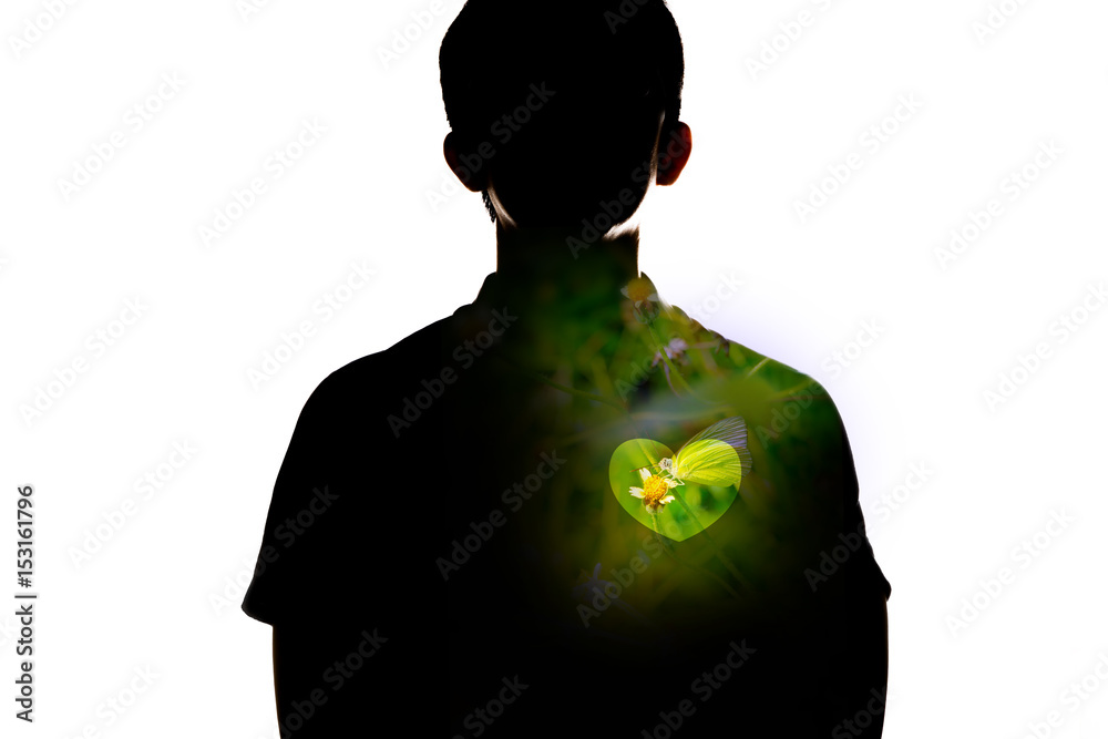 Double exposure man and butterfly on flower, Think Natural concept Double exposure man and butterfly on flower, Think Natural concept