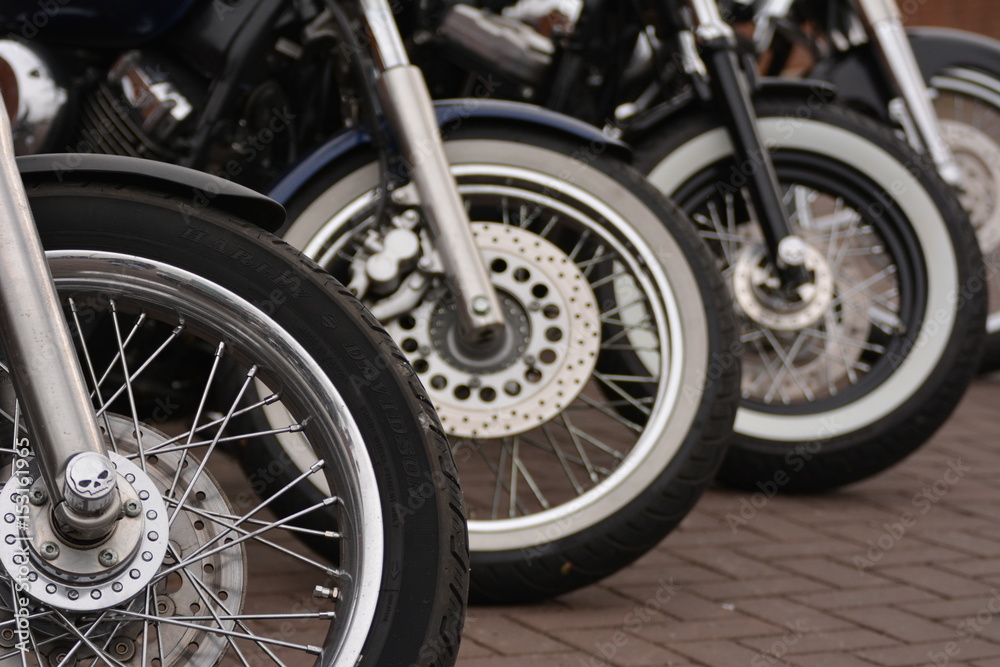 Close up on motorcycle wheels Close up on motorcycle wheels
