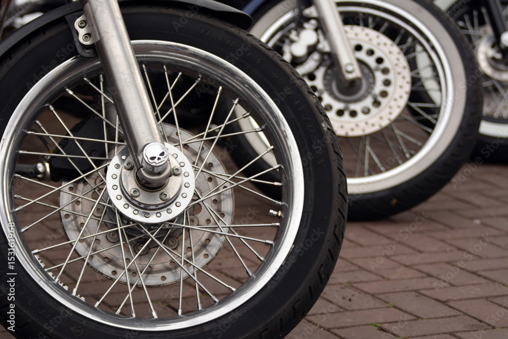 Close up on motorcycle wheels Close up on motorcycle wheels