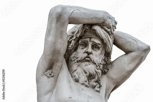 Funny sad face of an ancient man sculpture isolated on white background