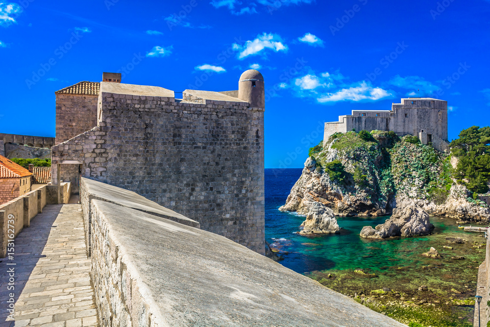 Dubrovnik sunny scenery. / View at famous touristic attraction in Dubrovnik town, Croatia.