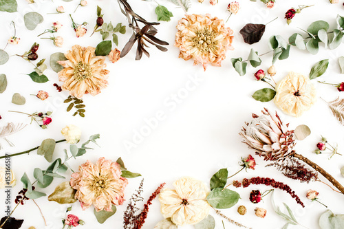 Round frame wreath with dried flowers: beige peony, protea, eucalyptus branches, roses on white background. Flat lay, top view. Floral background