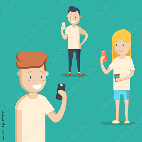 Mobile messenger concept. Social media. A group of young people with smartphones