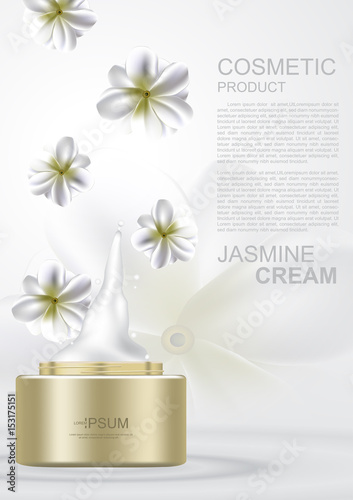Vector cosmetic template spill moisturizing cream and gold jar with falling jasmines on white background