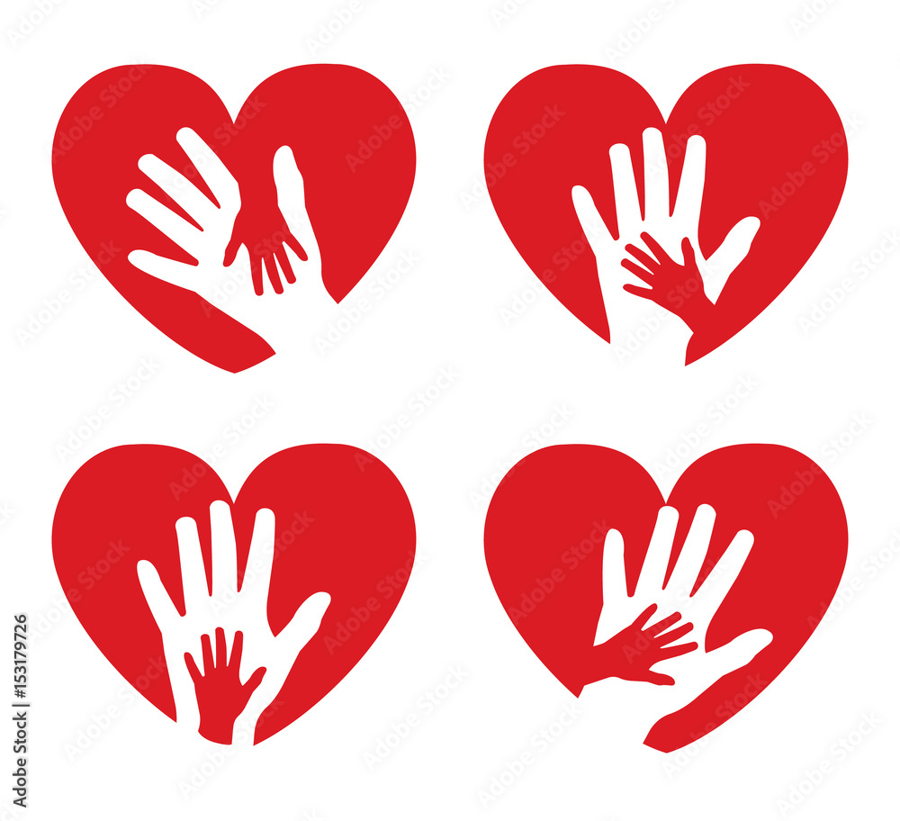 Fototapeta premium Set of icons with hands on a background of red hearts