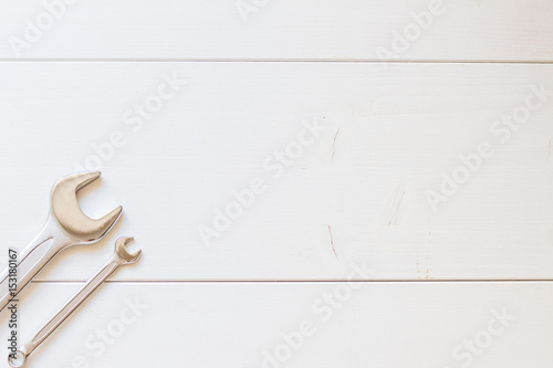 Happy Fathers Day, tools on white wooden background © Adamchuk