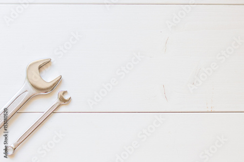 Happy Fathers Day, tool on white wooden background © Adamchuk