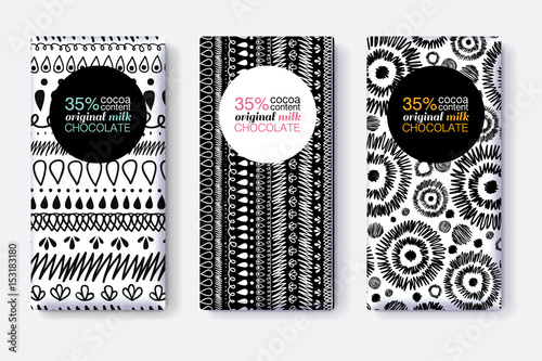 Vector Set Of Black and White Chocolate Bar Package Designs With Modern Triba...