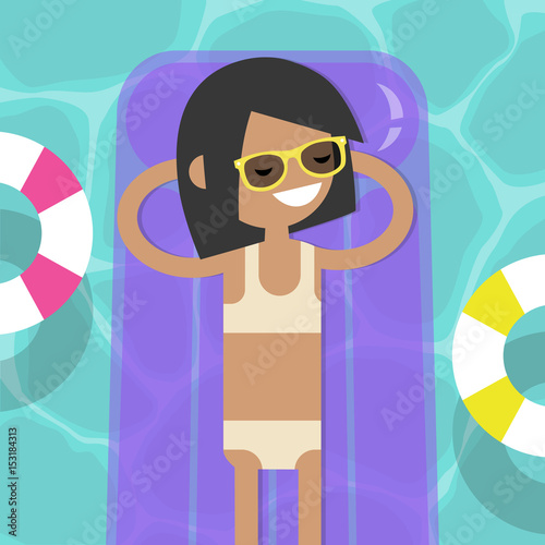 Young female character lying on the inflatable mattress in the swimming pool. Top view / flat editable vector illustration, clip art