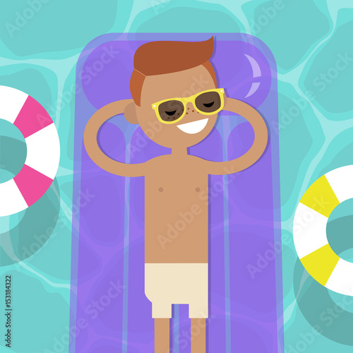Young character lying on the inflatable mattress in the swimming pool. Top view / flat editable vector illustration, clip art