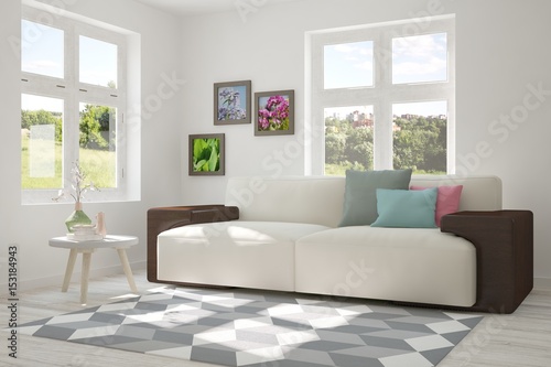 White room with sofa and green landscape in window. Scandinavian interior design. 3D illustration