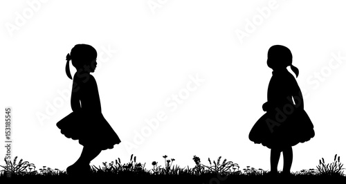 silhouette little girl walking in the nature, kindergarten