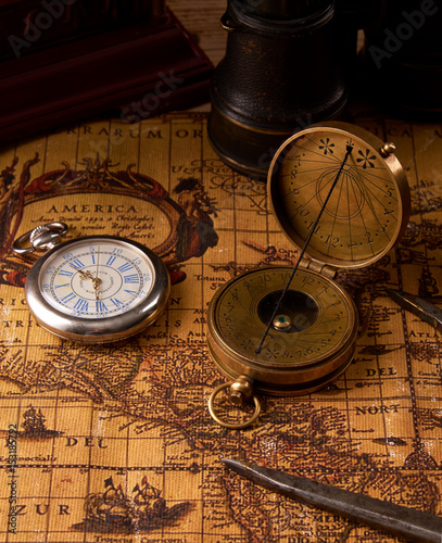 Old vintage retro compass on ancient world map. Vintage still life. Travel geography navigation concept background.